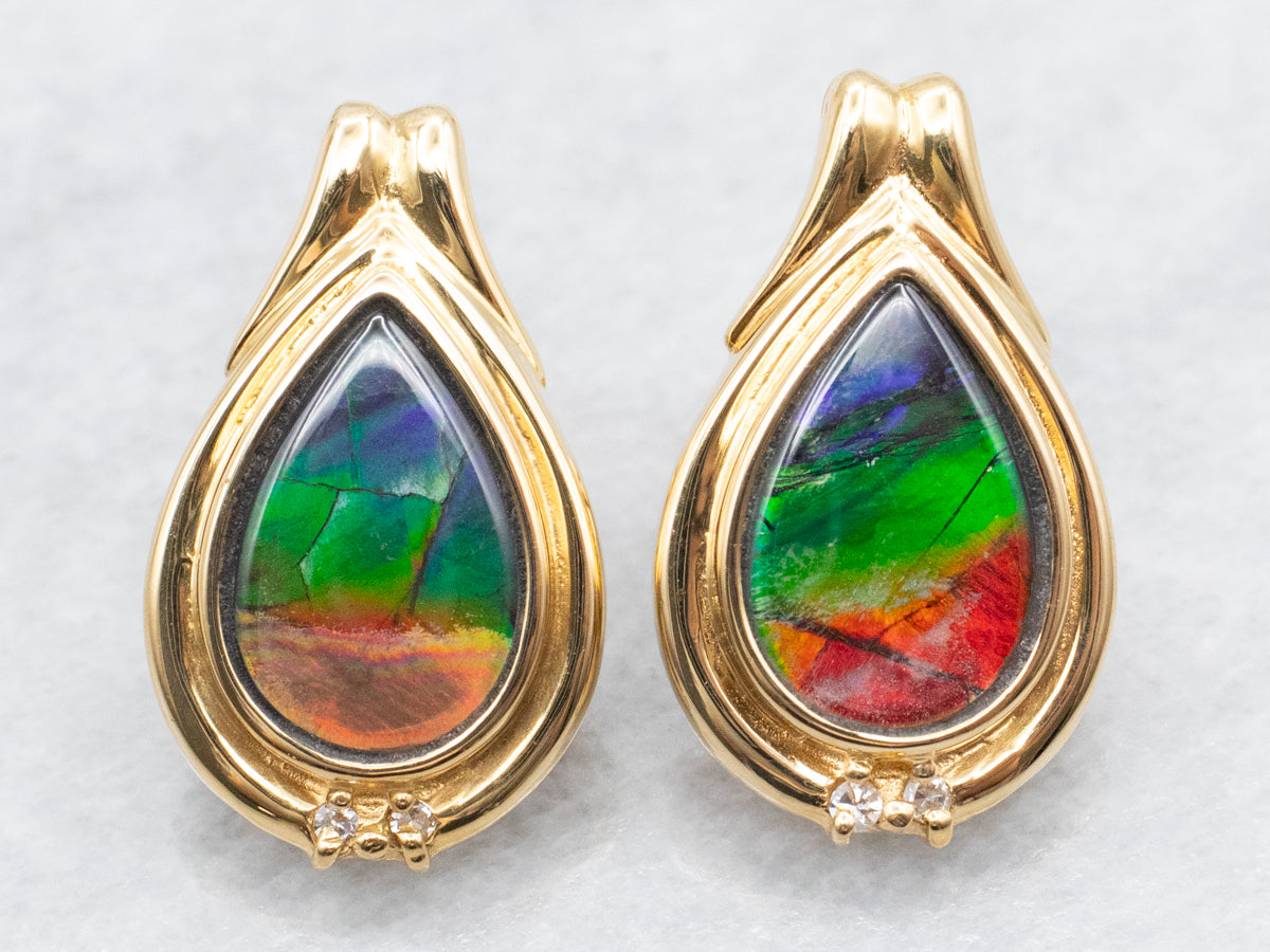 Modern Ammolite and Diamond Gold Stud Earrings