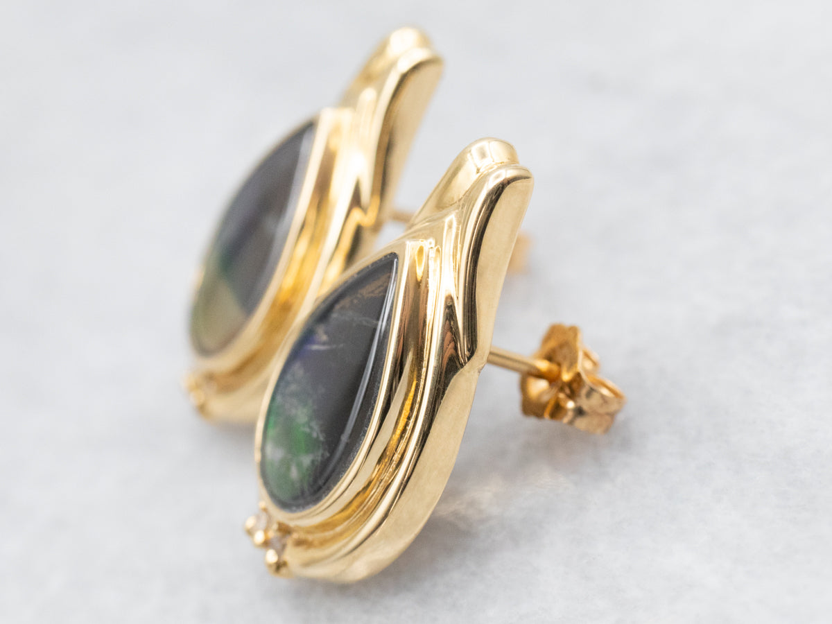 Modern Ammolite and Diamond Gold Stud Earrings