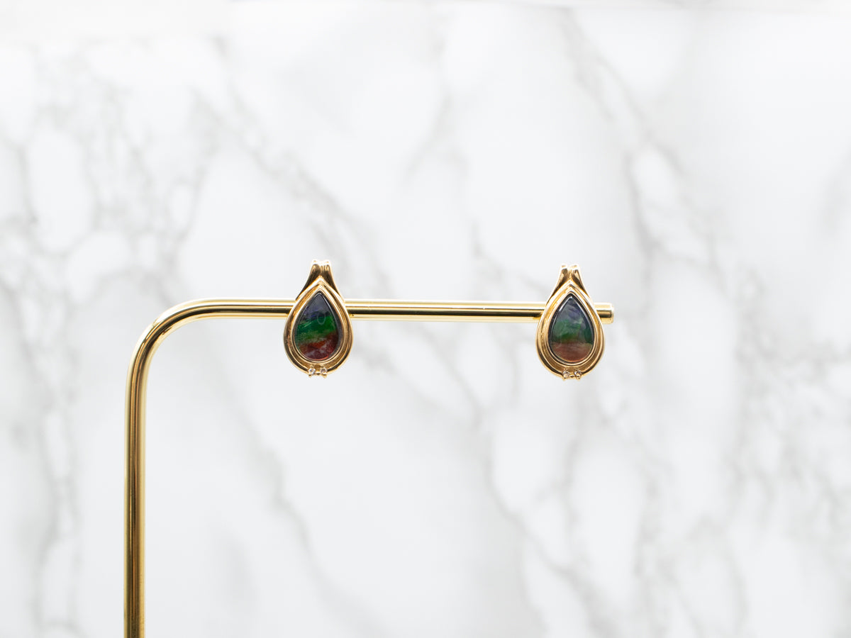 Modern Ammolite and Diamond Gold Stud Earrings