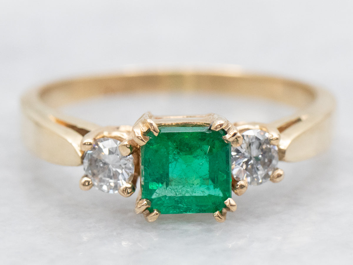 Emerald and Diamond Three Stone Ring in Yellow Gold