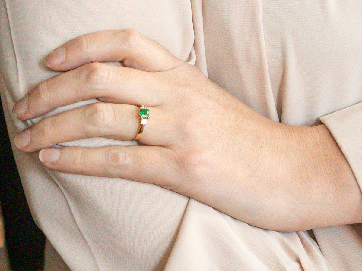 Emerald and Diamond Three Stone Ring in Yellow Gold