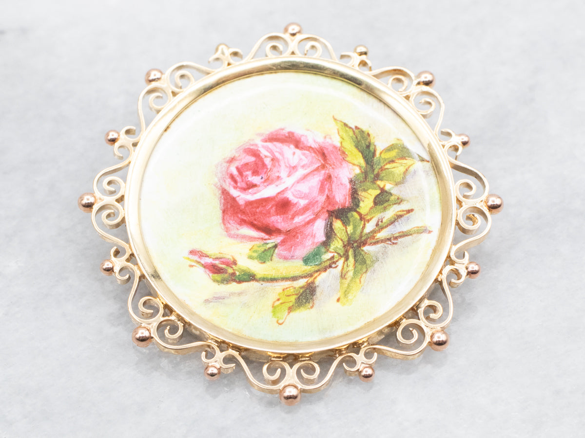 Vintage Painted Porcelain Krementz Flower Brooch