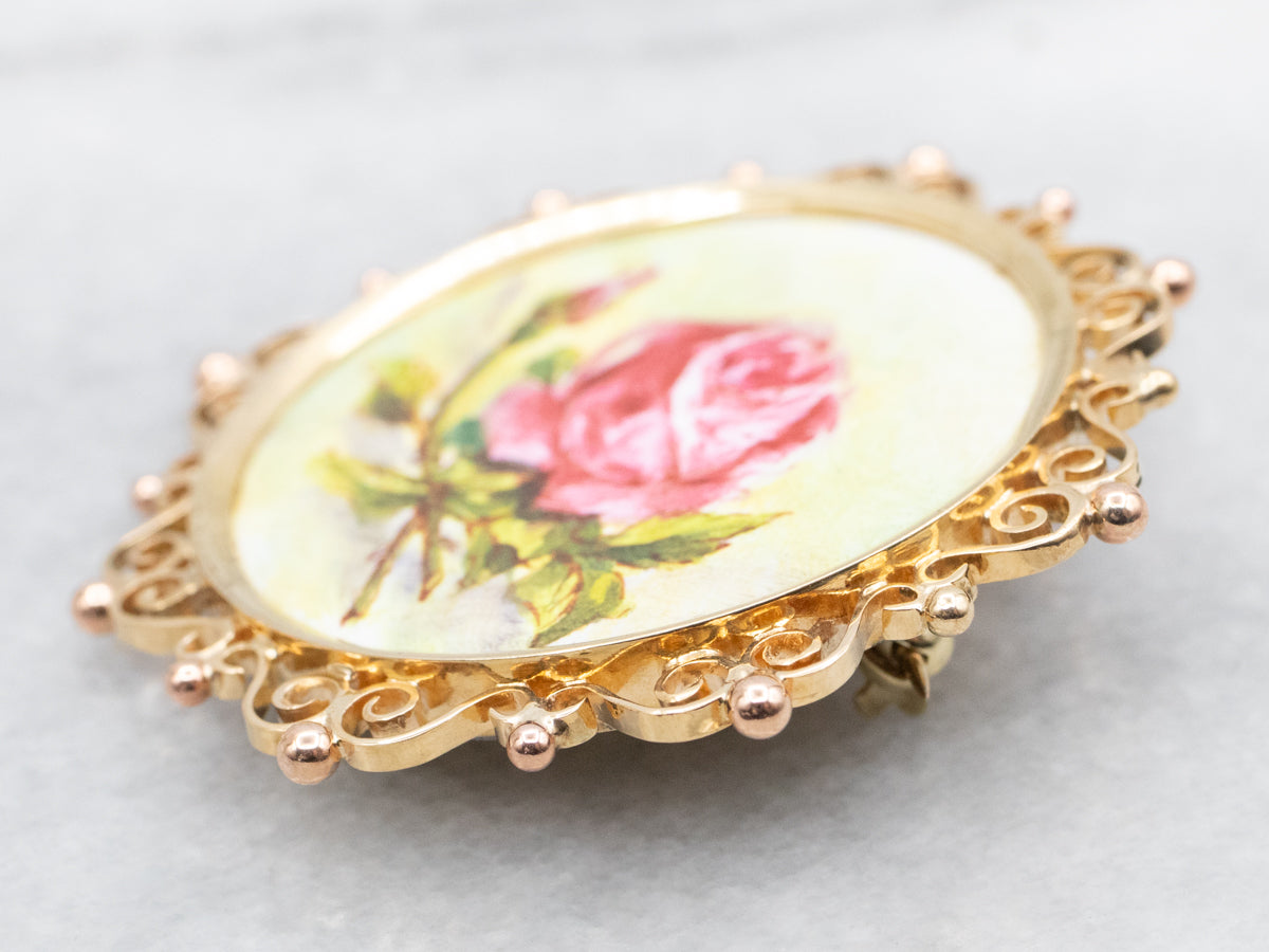 Vintage Painted Porcelain Krementz Flower Brooch