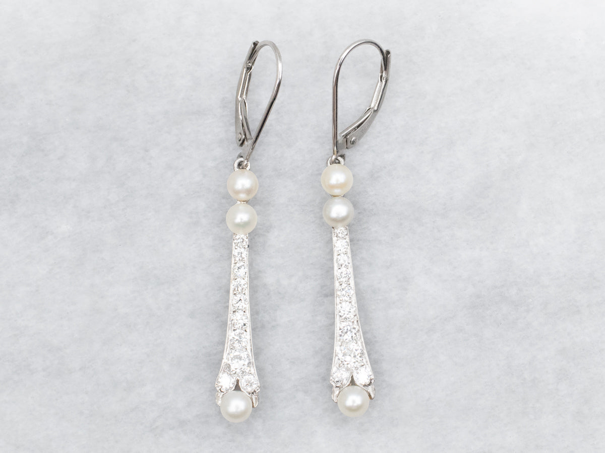 Exquisite Platinum European Cut Diamond and Pearl Drop Earrings