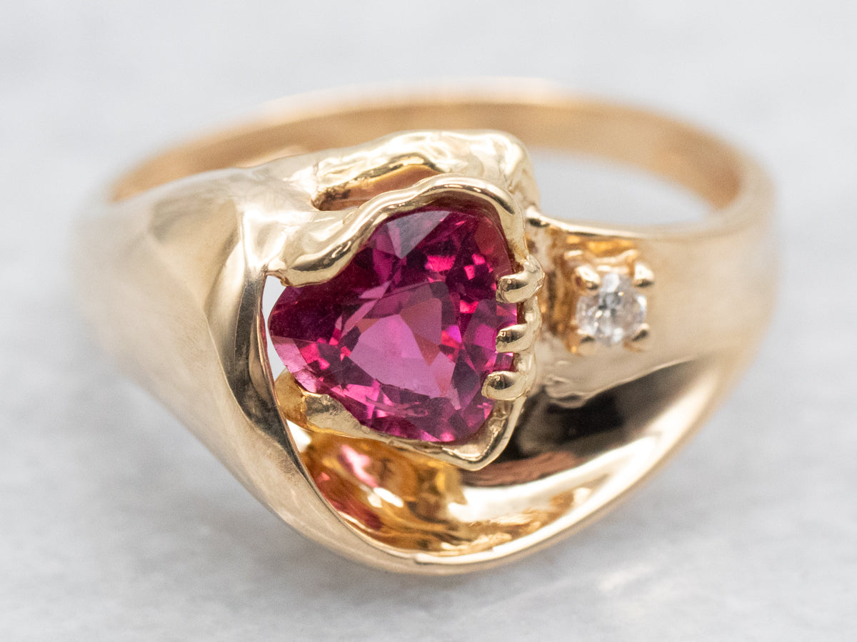 Modern Gold Trillion Cut Pink Tourmaline and Diamond Ring