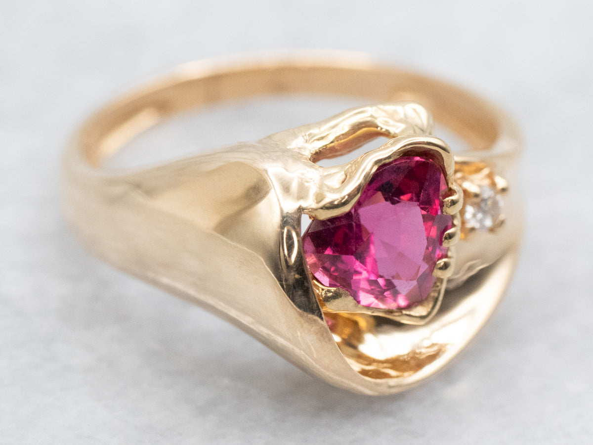 Modern Gold Trillion Cut Pink Tourmaline and Diamond Ring