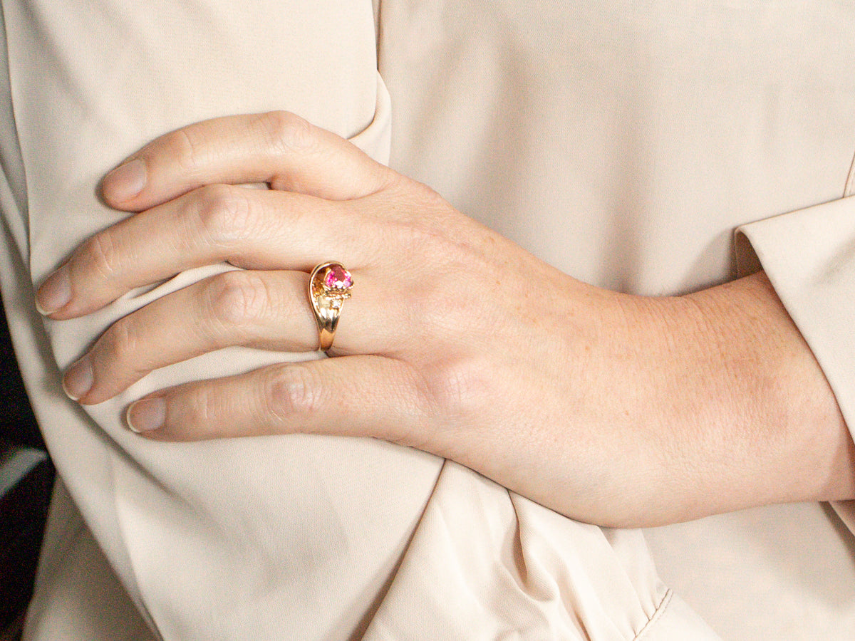 Modern Gold Trillion Cut Pink Tourmaline and Diamond Ring