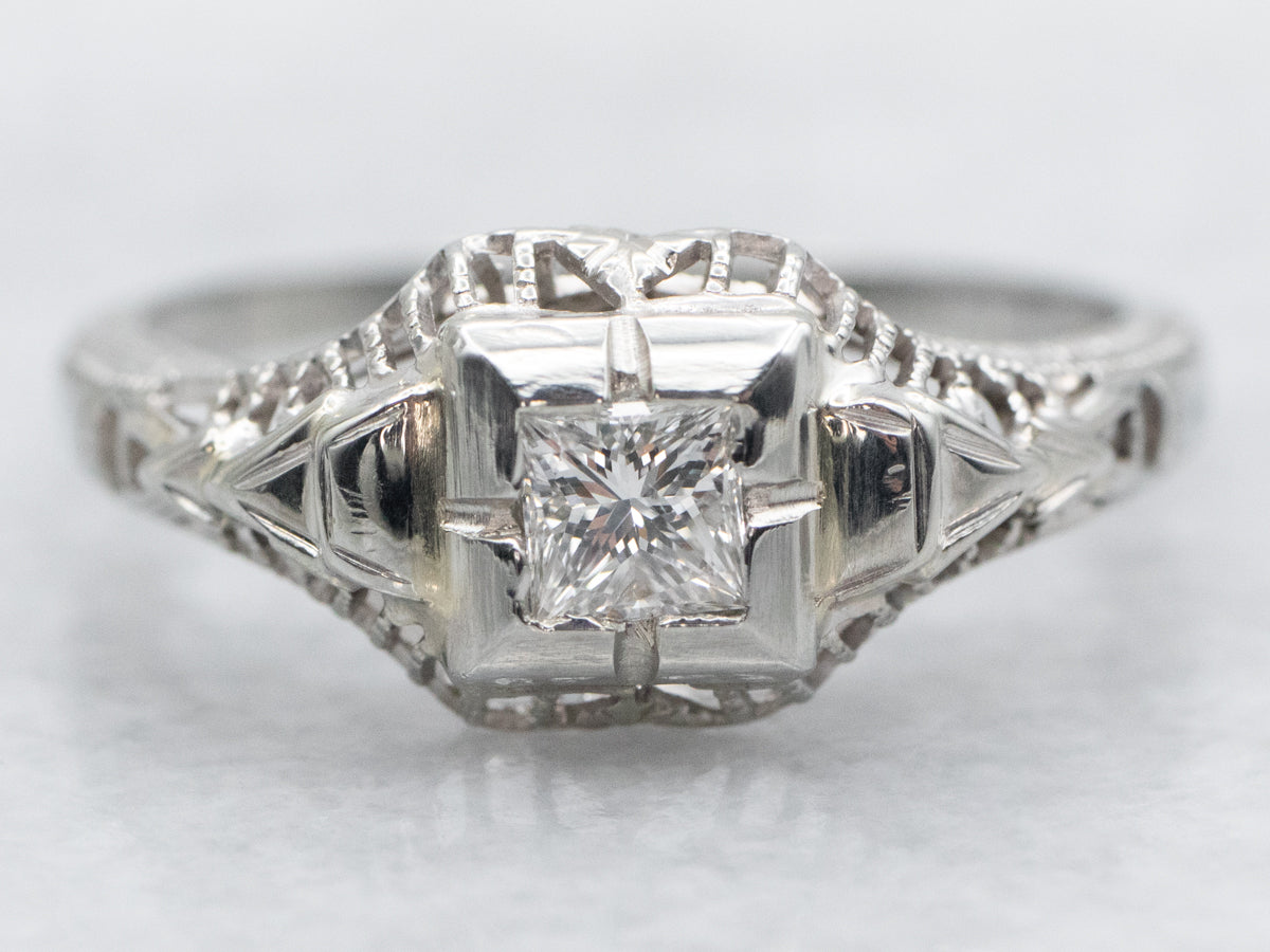 Vintage White Gold Diamond Solitaire Engagement Ring