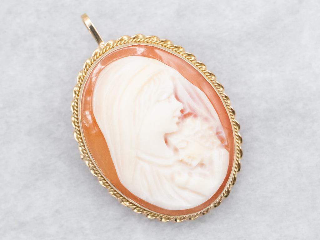 18K Real Gold Cameo Mother and child discount Pendant