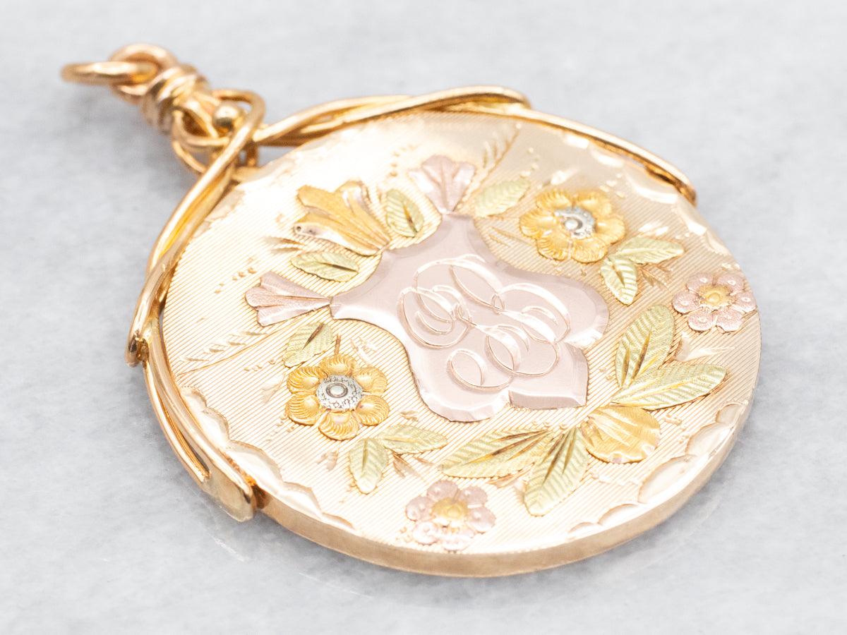 Gold &quot;GB&quot; Engraved Floral Pendant