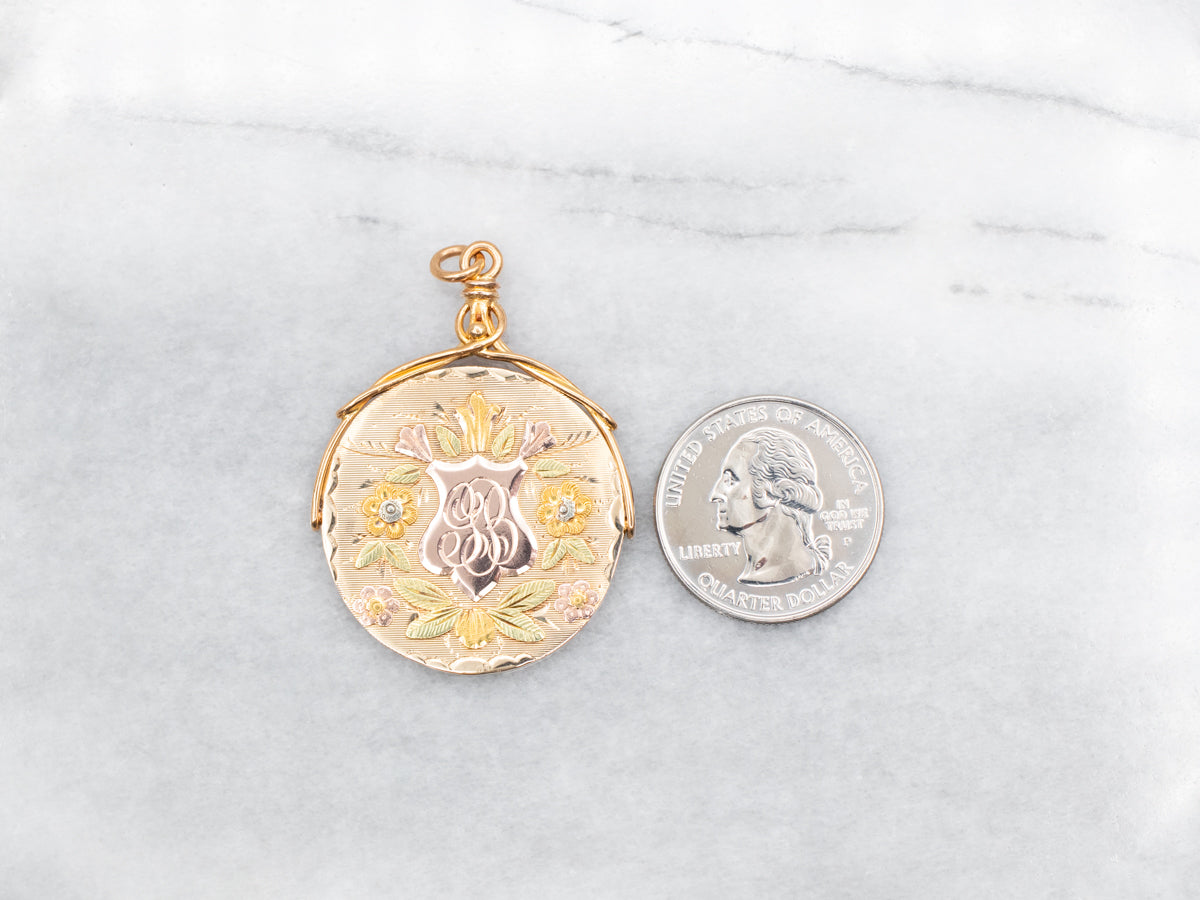 Gold "GB" Engraved Floral Pendant