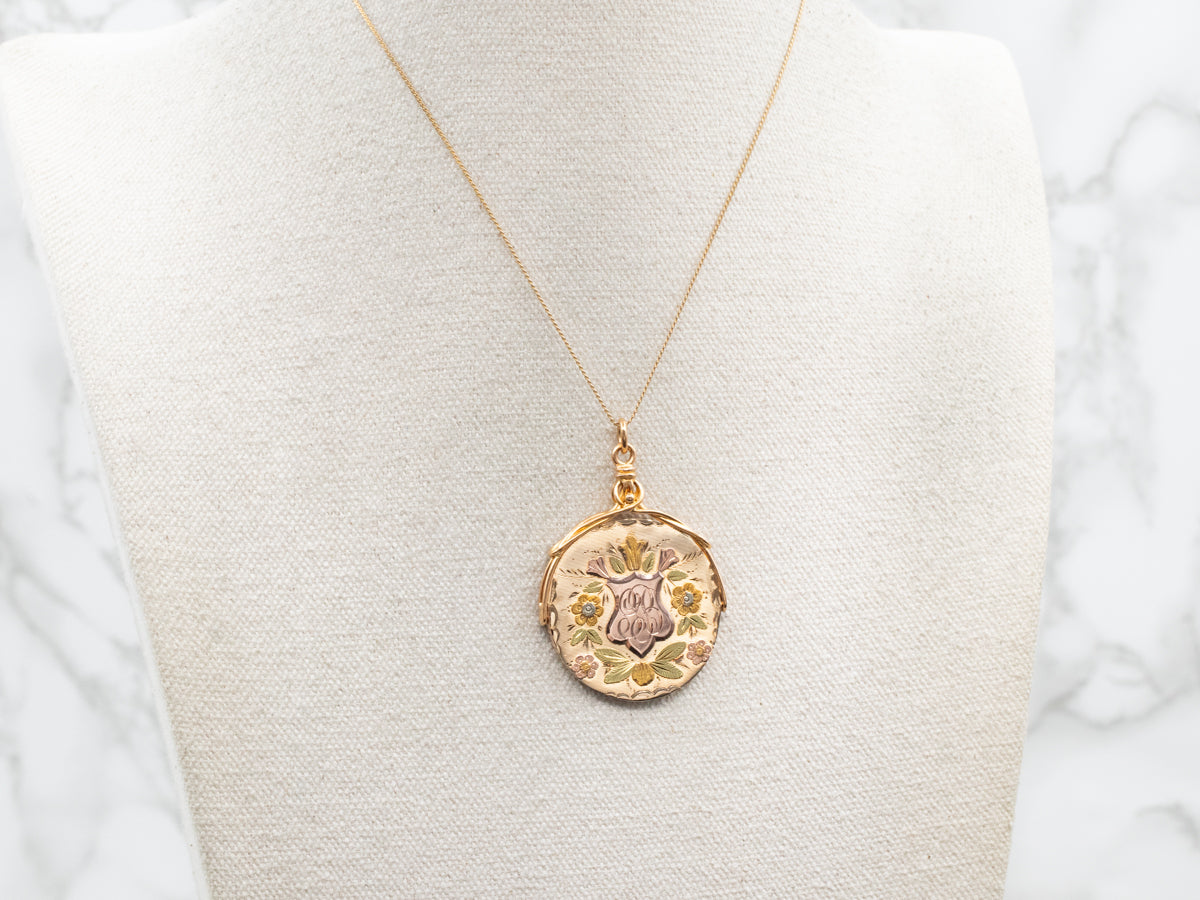 Gold "GB" Engraved Floral Pendant