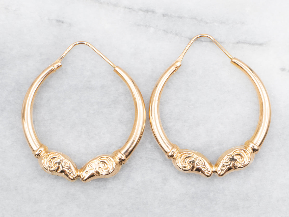 Polished Gold Ram Heads Hoop Earrings