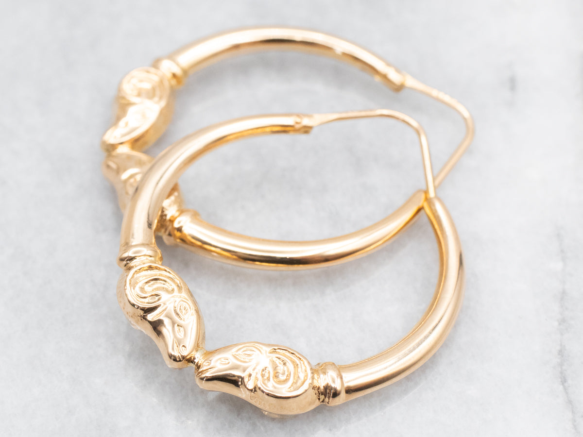 Polished Gold Ram Heads Hoop Earrings