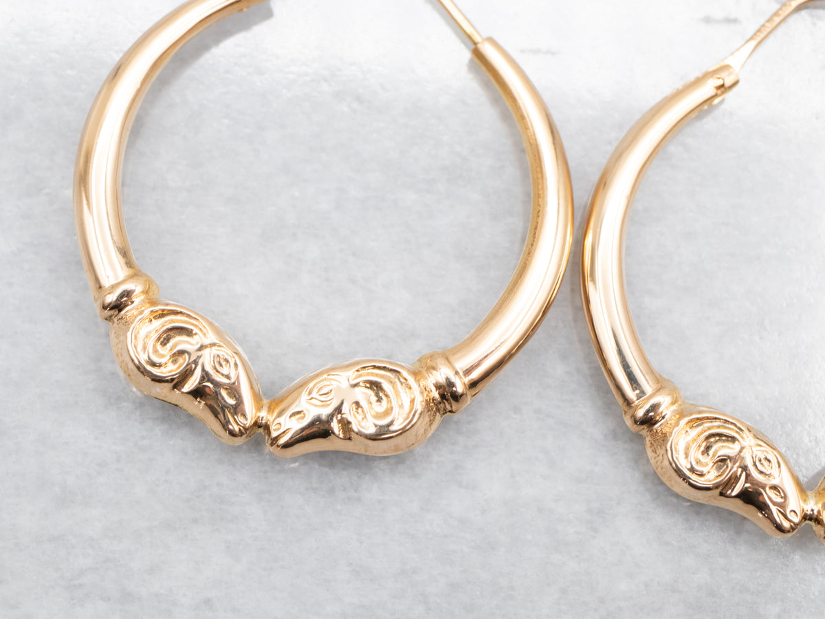 Polished Gold Ram Heads Hoop Earrings