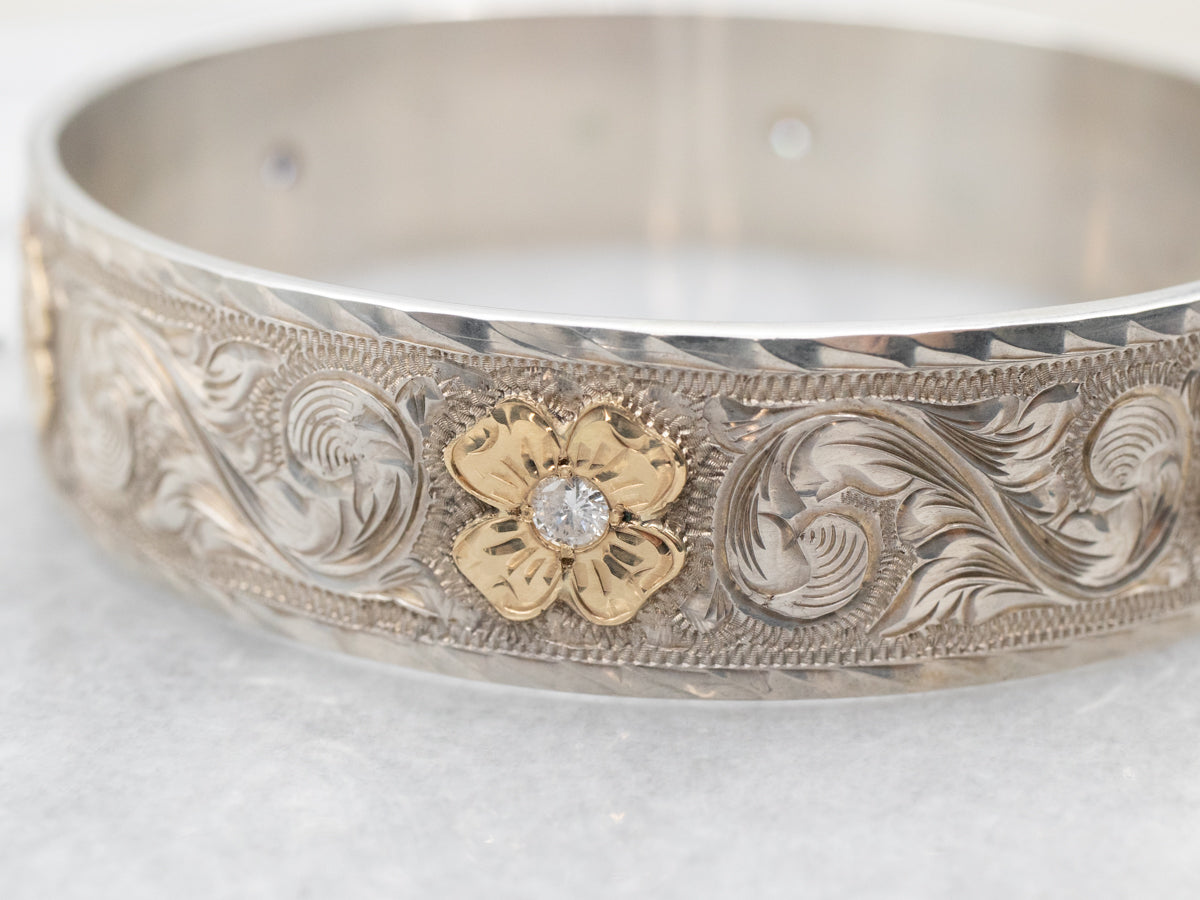 Mixed Metal Floral Diamond Bangle Bracelet