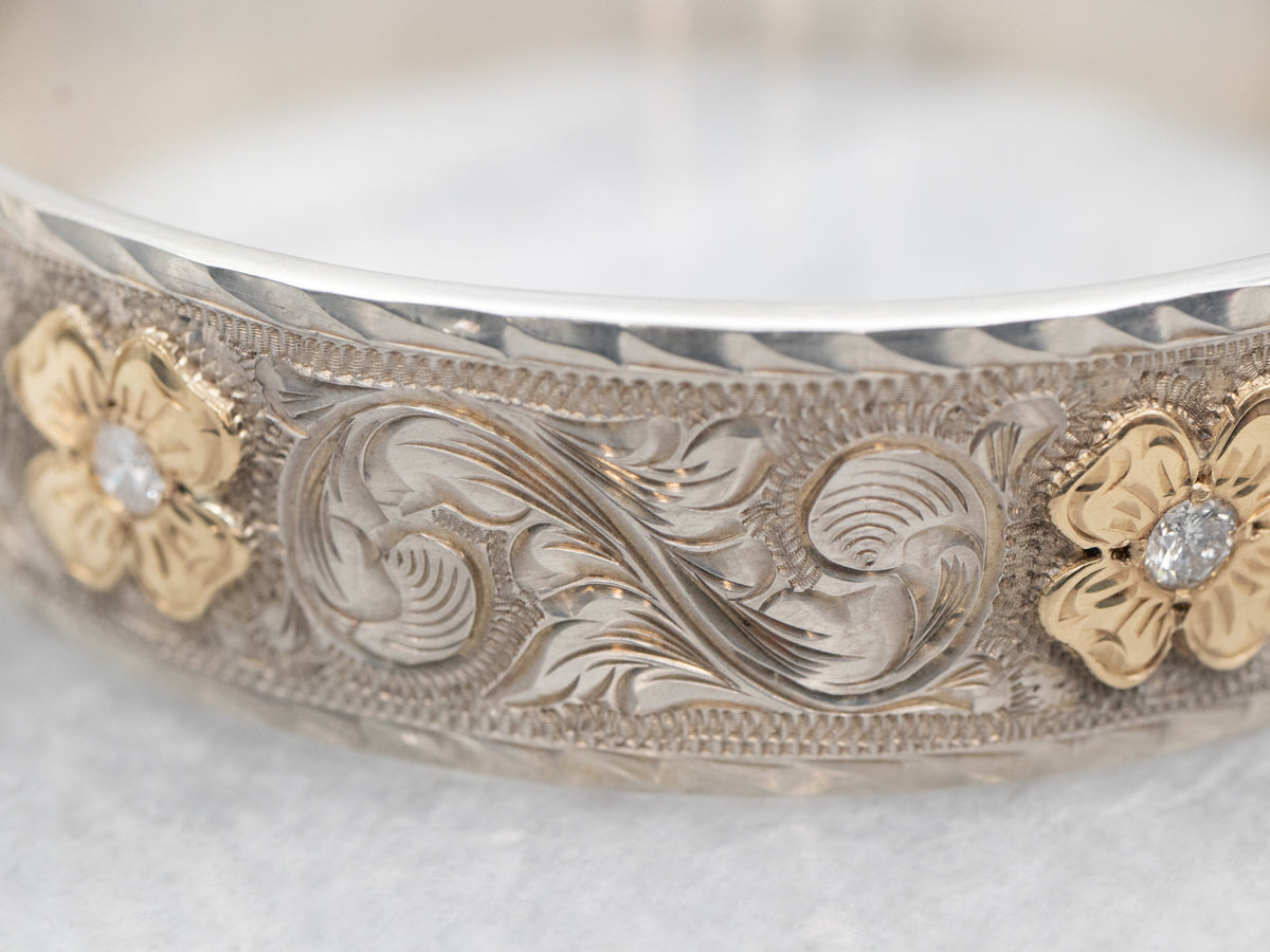 Mixed Metal Floral Diamond Bangle Bracelet