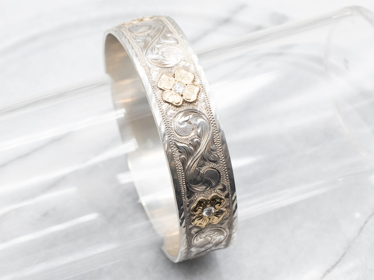 Mixed Metal Floral Diamond Bangle Bracelet