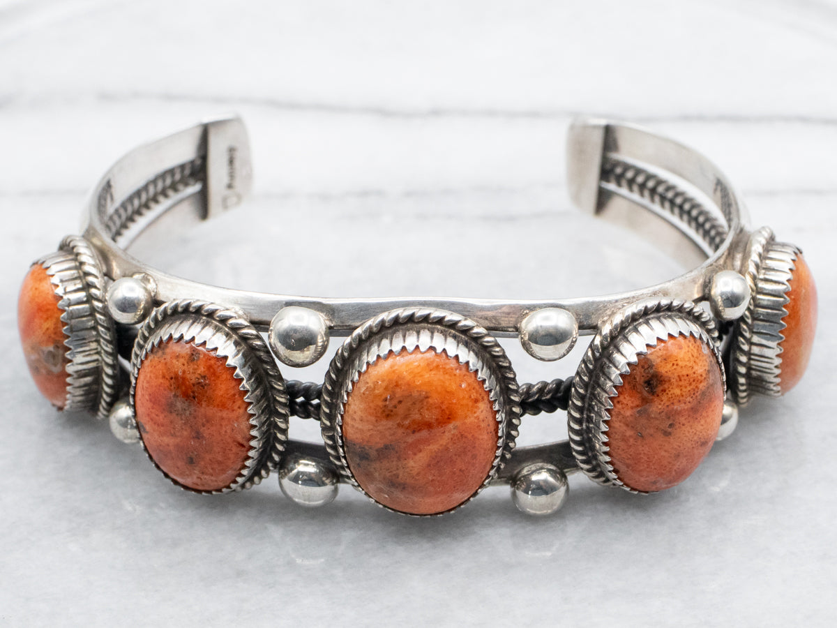 Men&#39;s Native American Coral Cabochon Cuff Bracelet