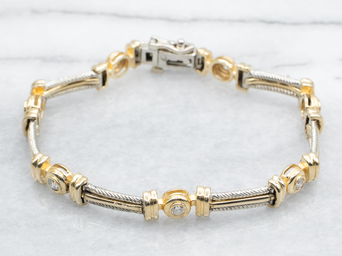Two Tone Diamond and Bar Link Bracelet