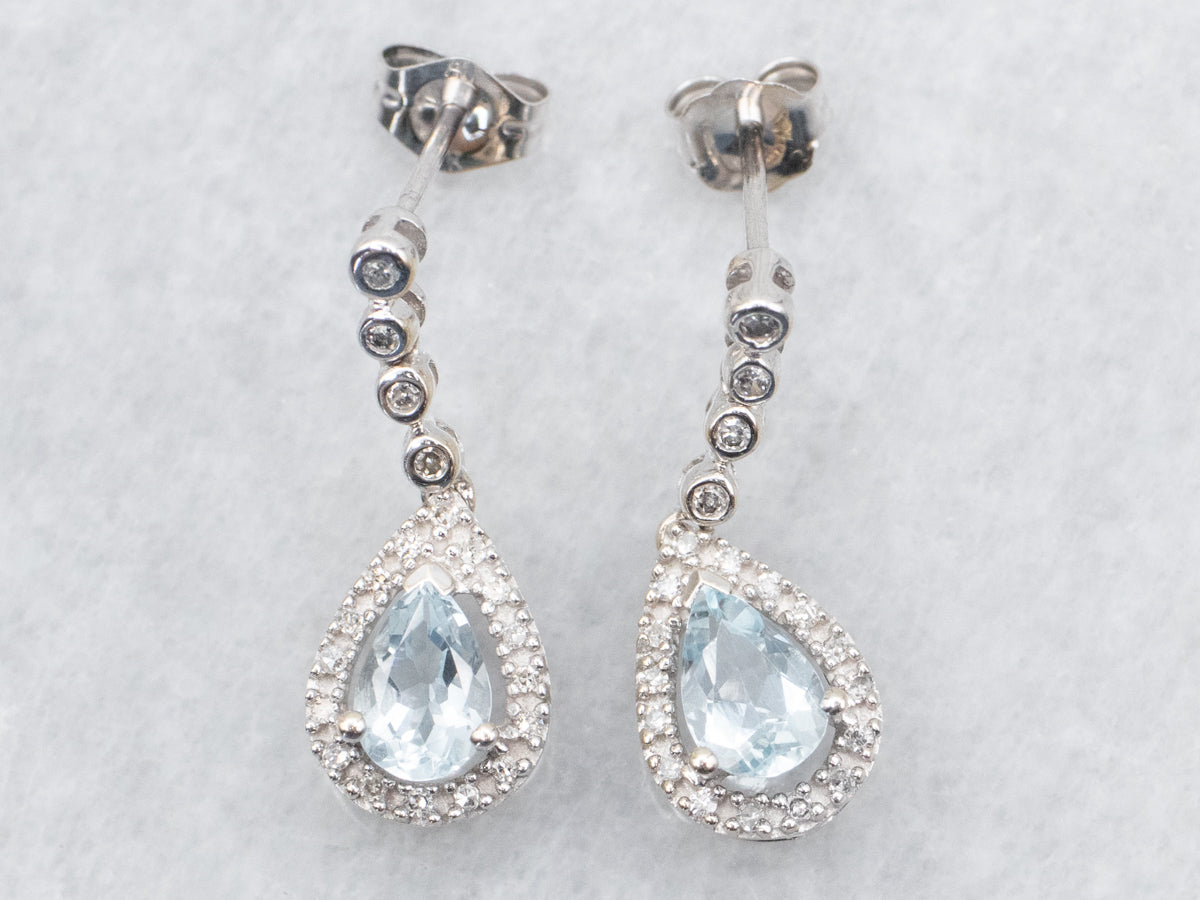 Teardrop Aquamarine and Diamond Halo Drop Earrings