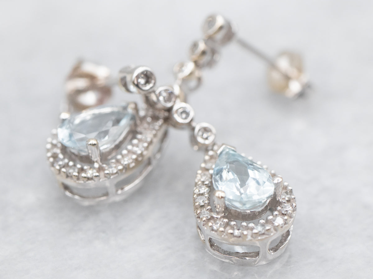 Teardrop Aquamarine and Diamond Halo Drop Earrings