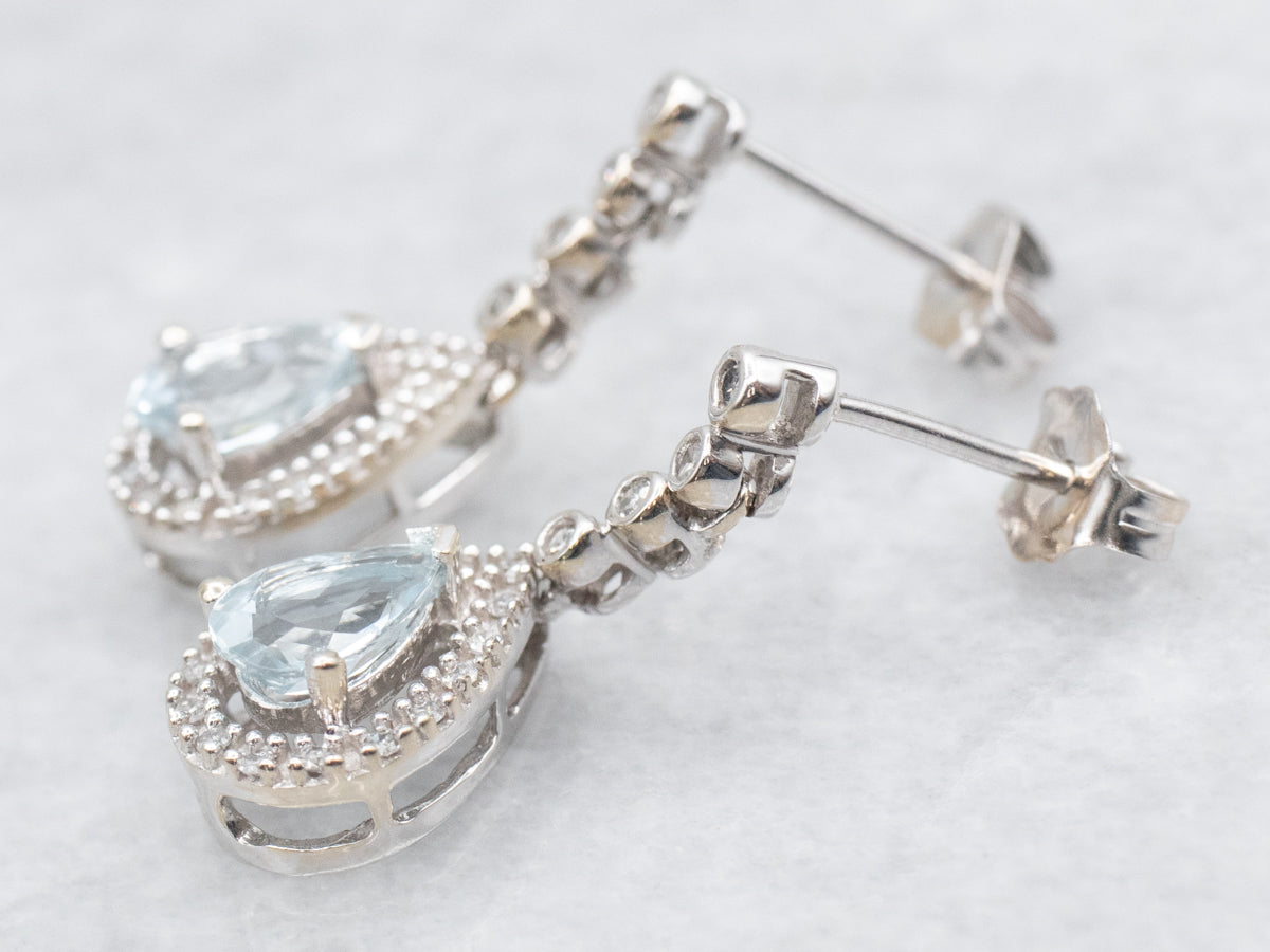 Teardrop Aquamarine and Diamond Halo Drop Earrings