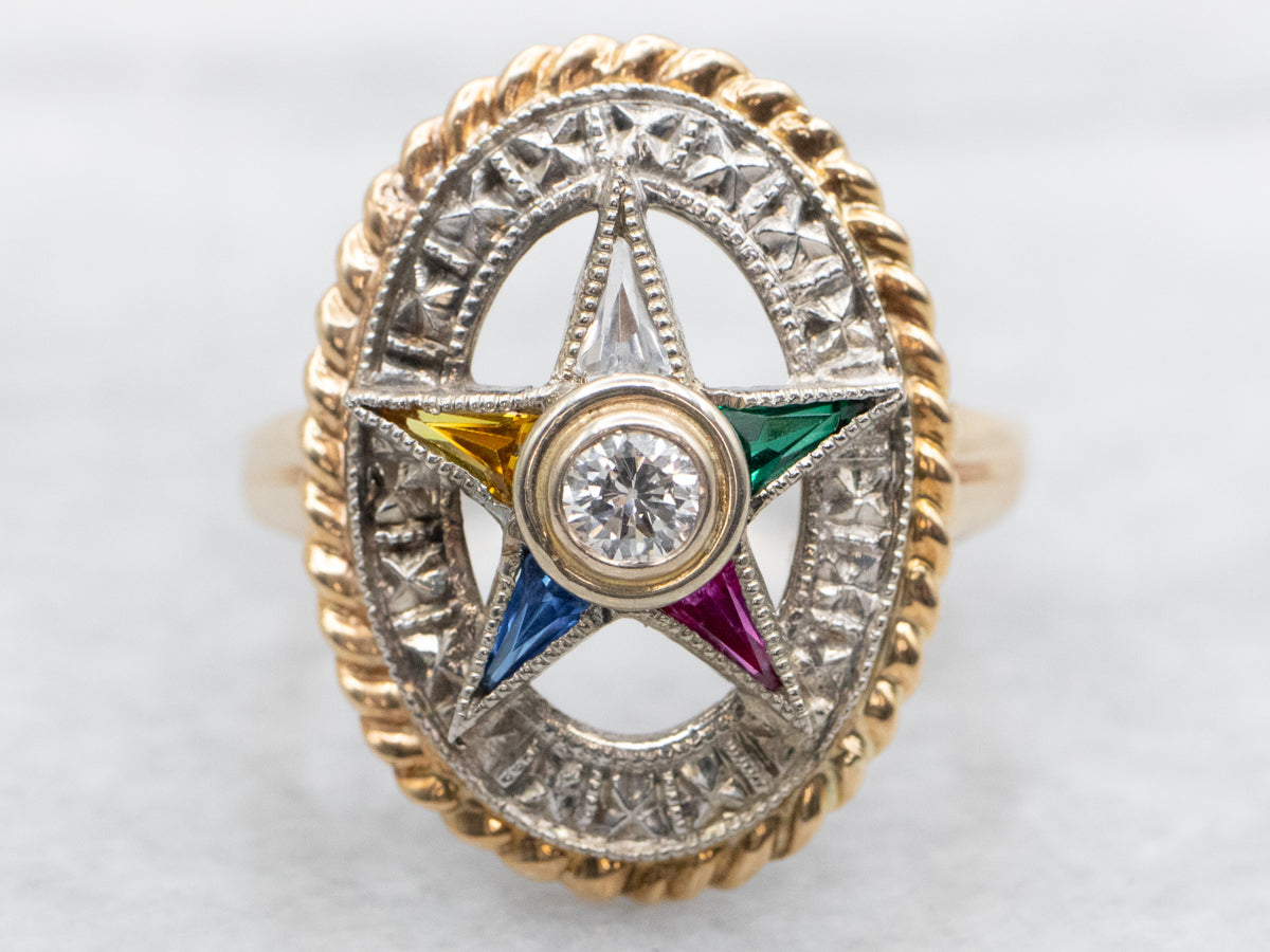 Enamel and Diamond Order of the Eastern Star Ring