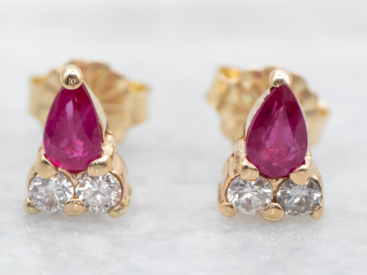 Pear Cut Ruby and Diamond Stud Earrings