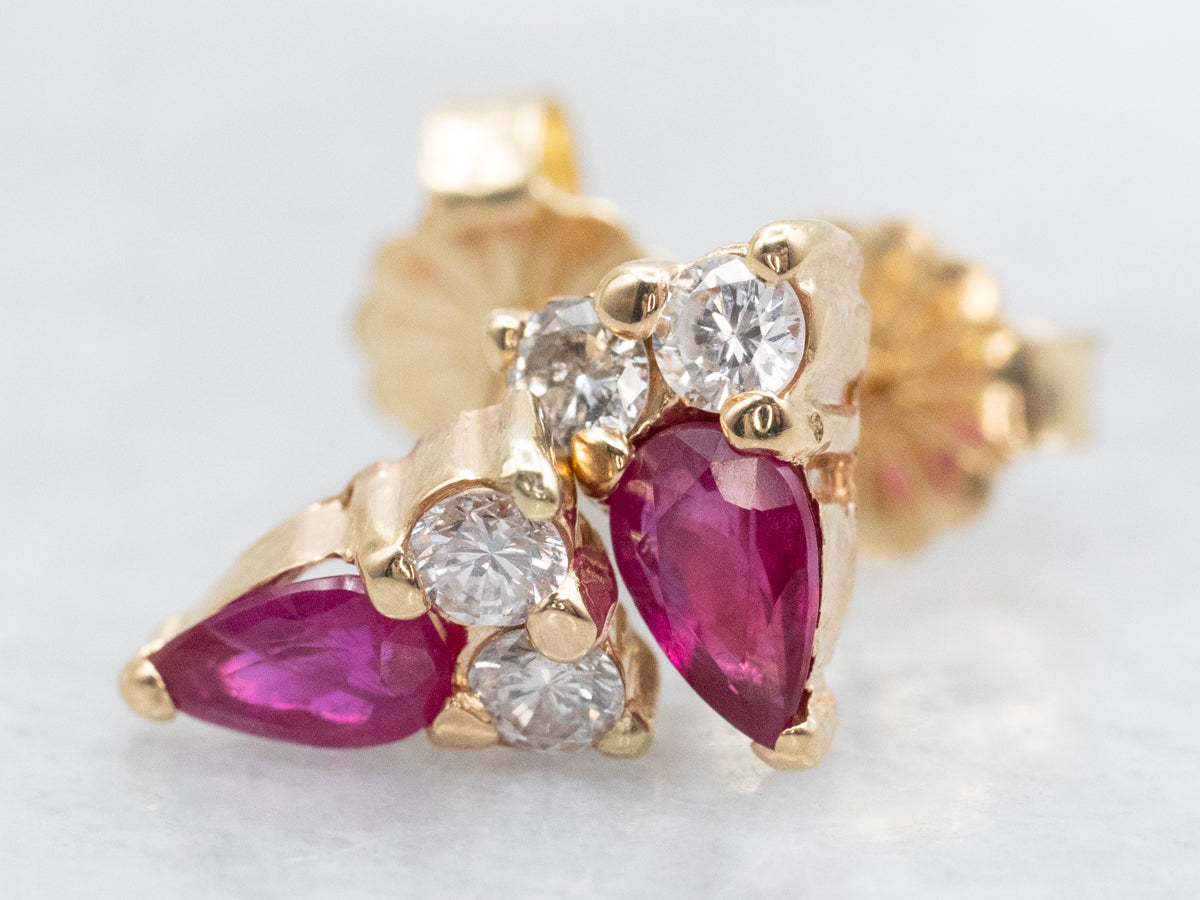 Pear Cut Ruby and Diamond Stud Earrings