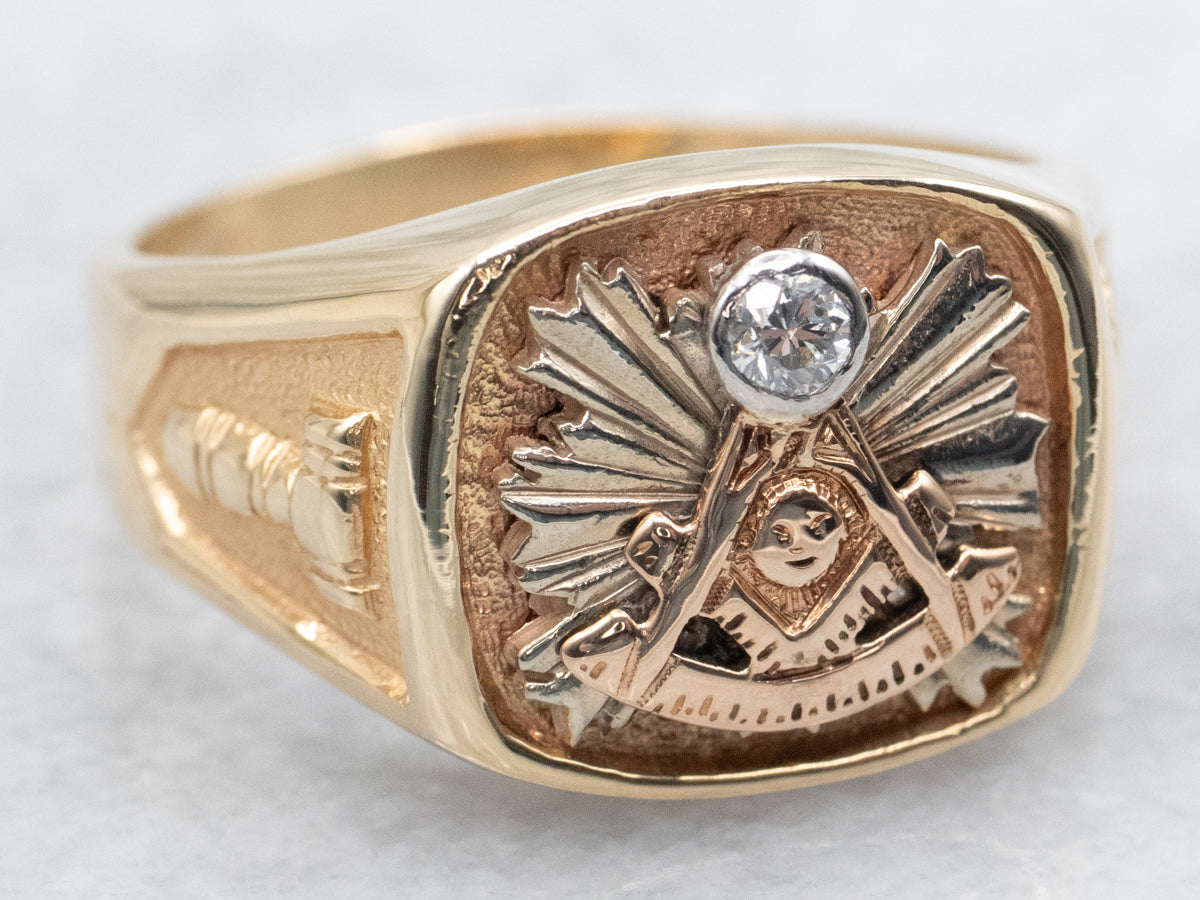 Men's Vintage Gold and Diamond Masonic Ring