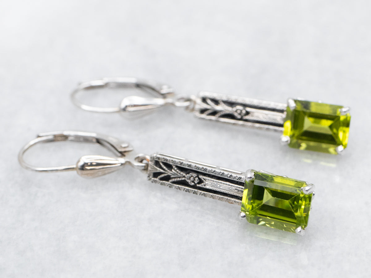 Black Enamel Peridot Filigree Bar Drop Earrings