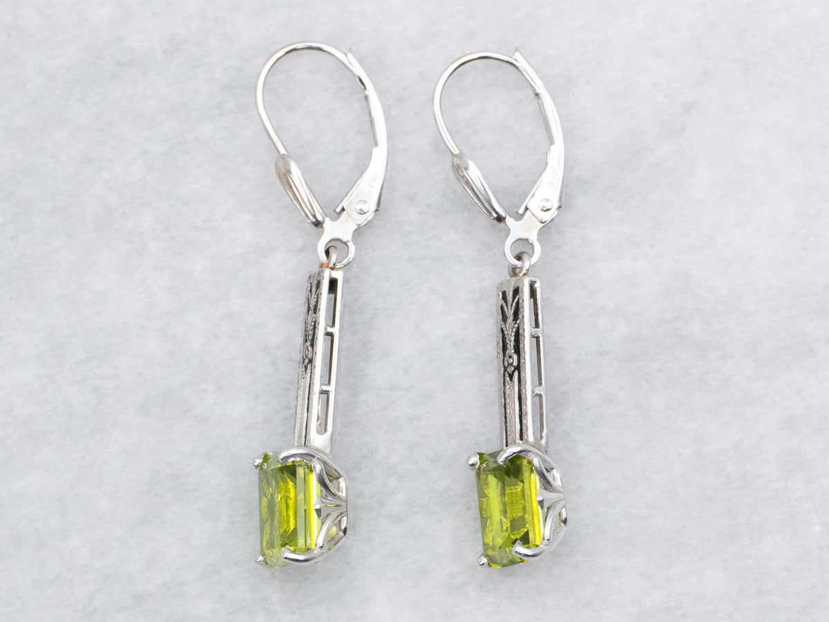 Black Enamel Peridot Filigree Bar Drop Earrings