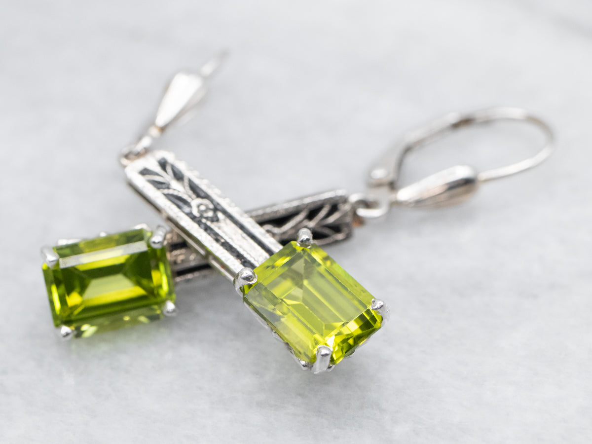 Black Enamel Peridot Filigree Bar Drop Earrings