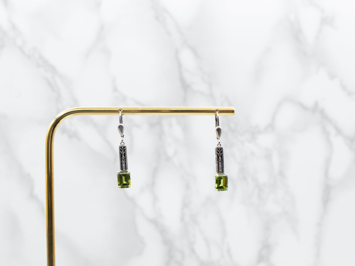 Black Enamel Peridot Filigree Bar Drop Earrings