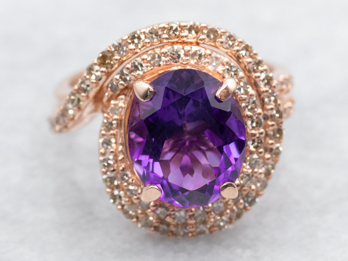 Swirling Rose Gold Amethyst Halo Ring