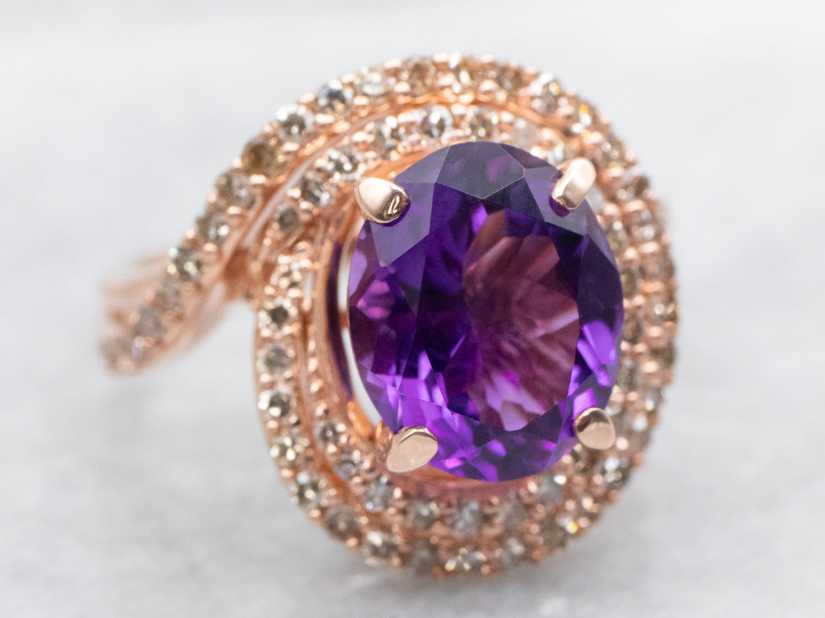 Swirling Rose Gold Amethyst Halo Ring