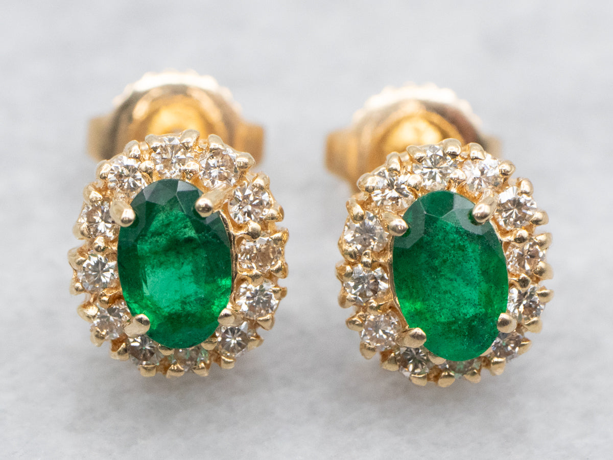 Emerald and Diamond Halo Stud Earrings