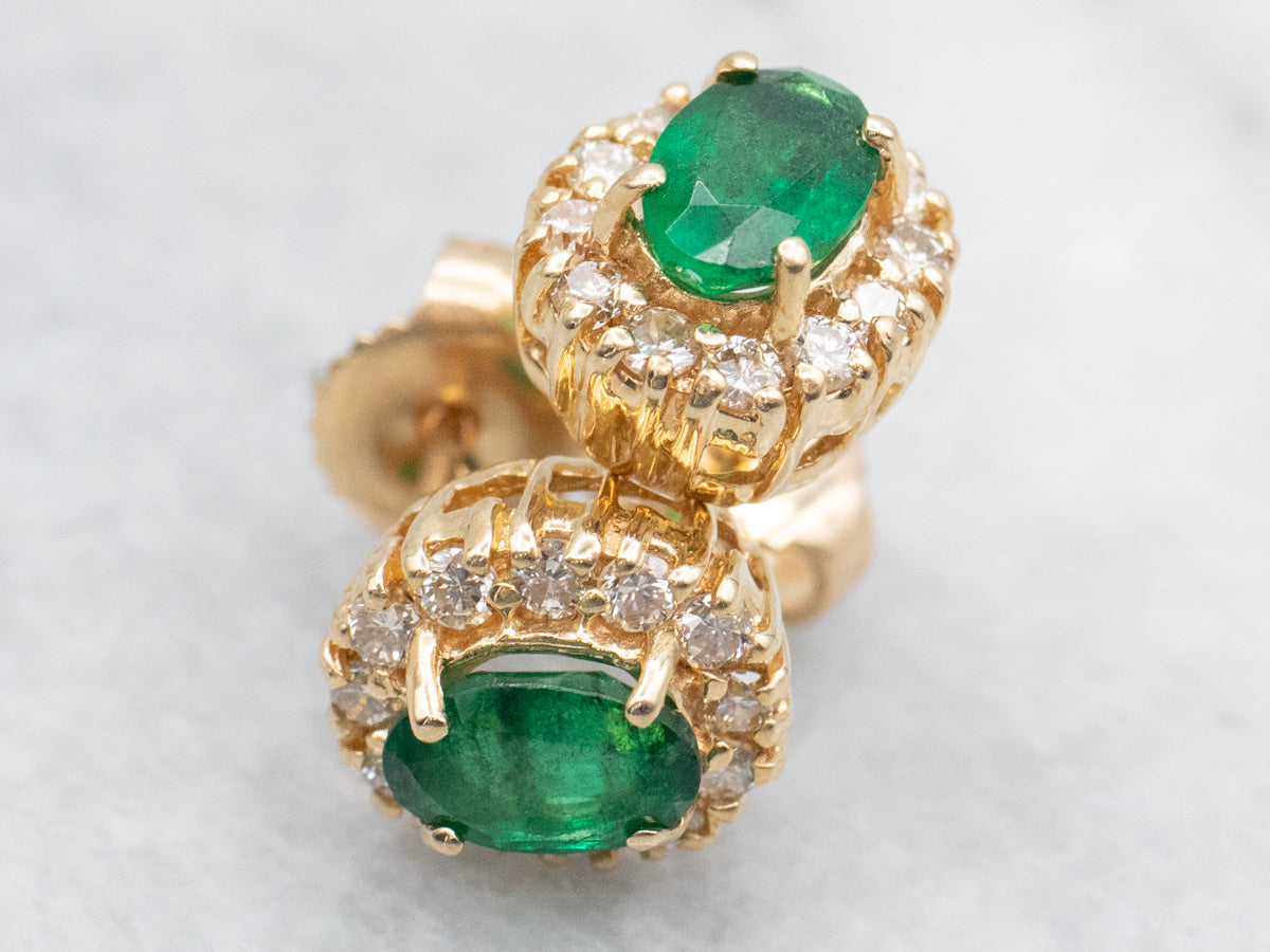 Emerald and Diamond Halo Stud Earrings