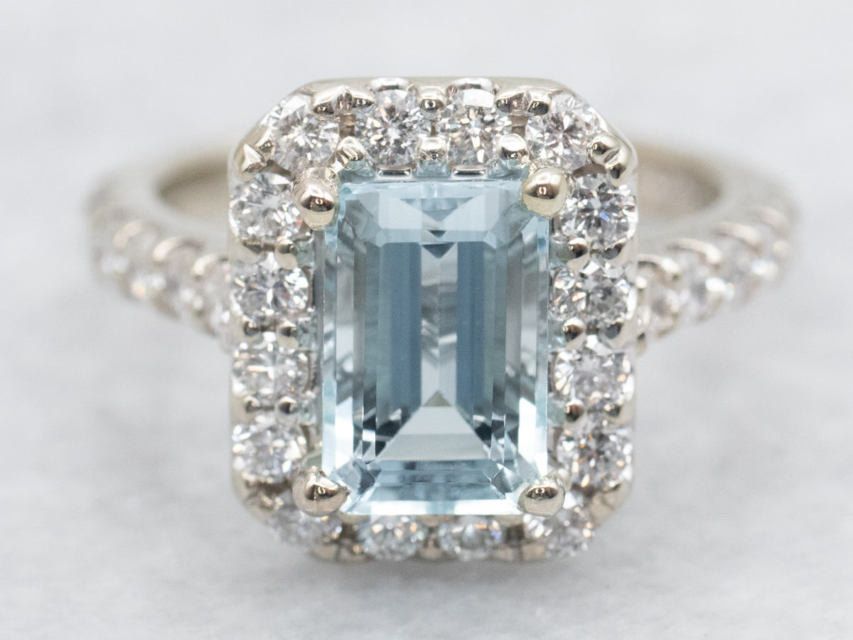 Modern Aquamarine Ring with Diamond Halo