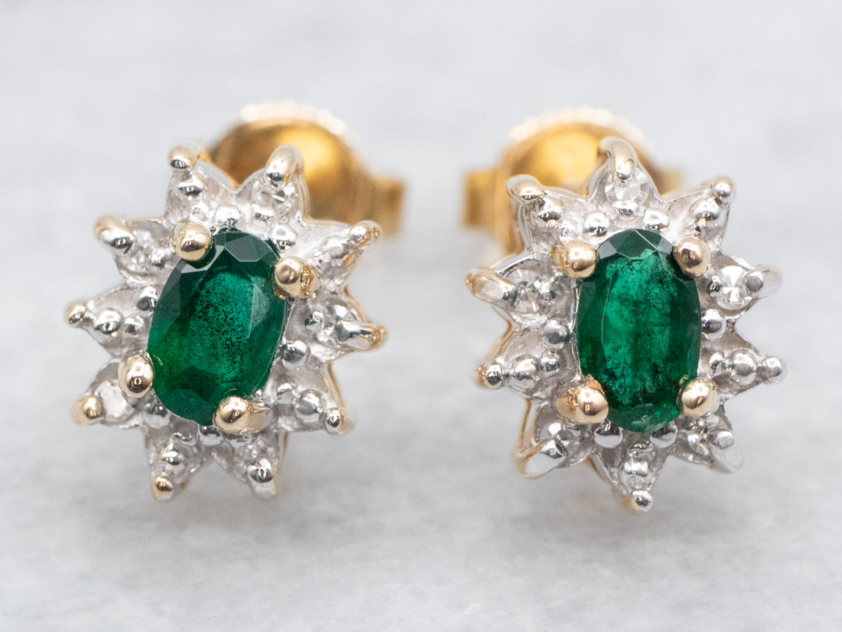 Emerald and Diamond Halo Stud Earrings