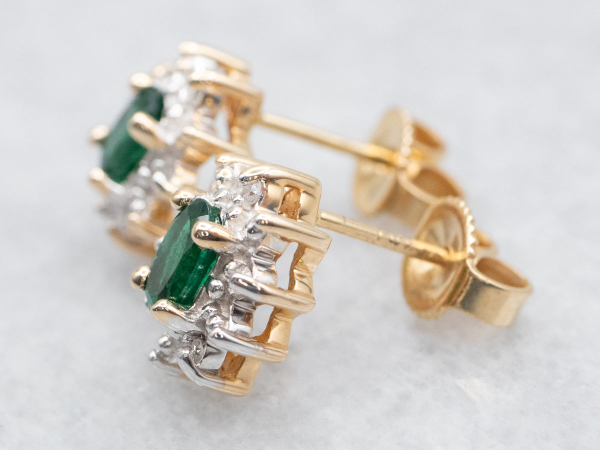 Emerald and Diamond Halo Stud Earrings