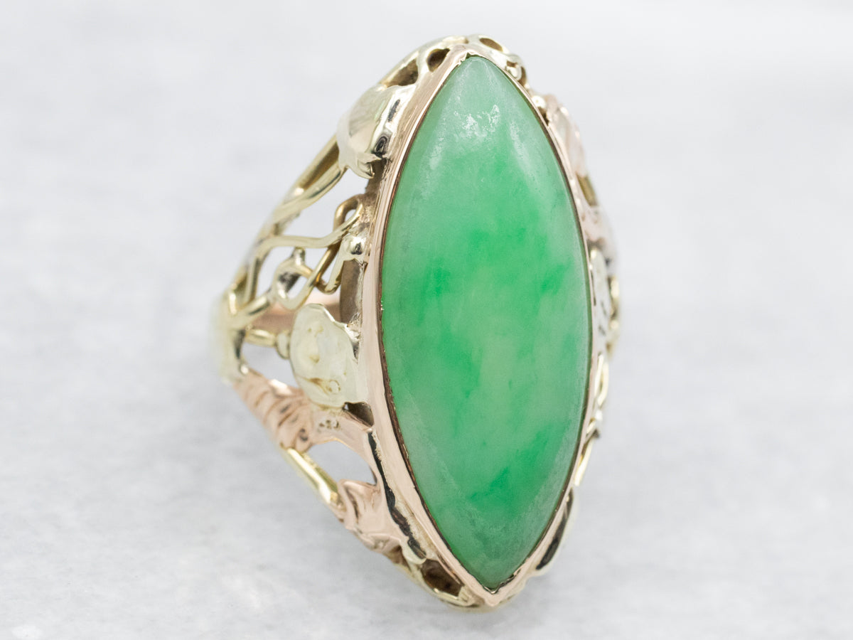 Floral Art Nouveau Era Jadeite Cocktail Ring