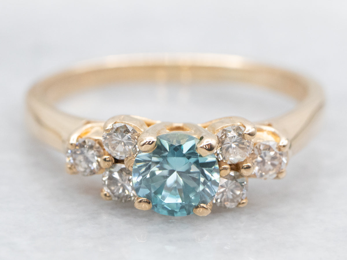 Yellow Gold Blue Zircon and Diamond Ring