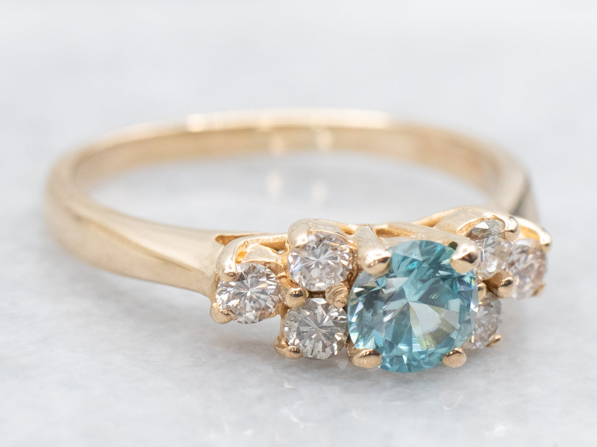 Yellow Gold Blue Zircon and Diamond Ring