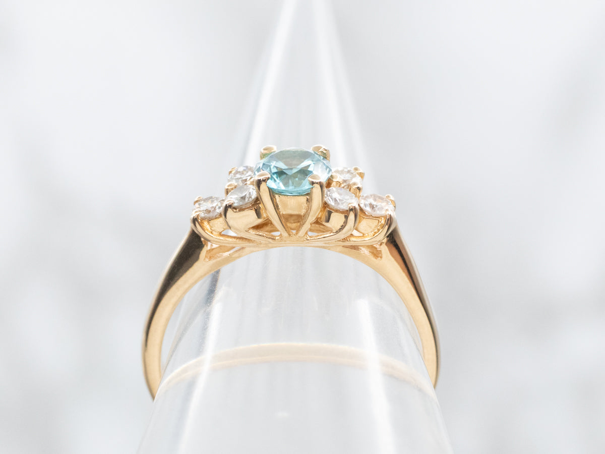 Yellow Gold Blue Zircon and Diamond Ring