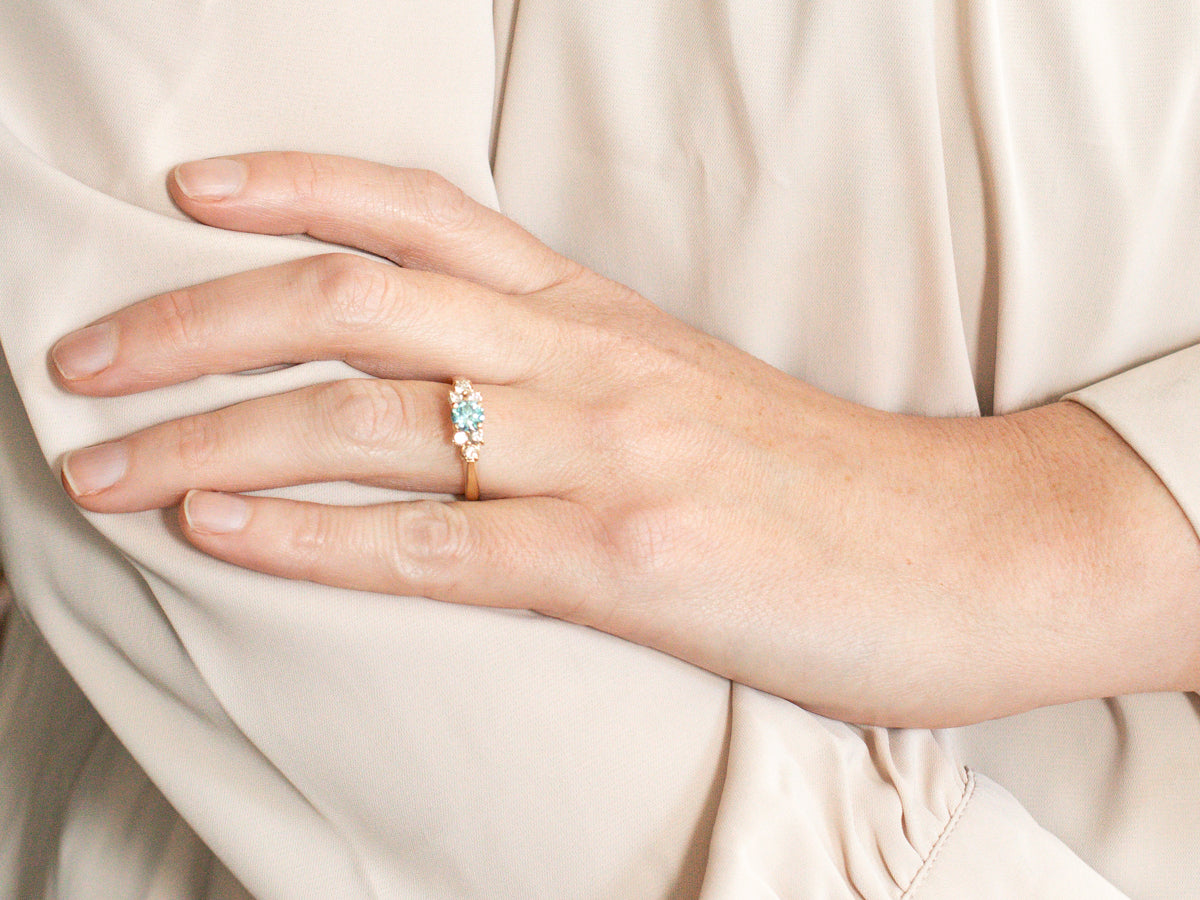 Yellow Gold Blue Zircon and Diamond Ring