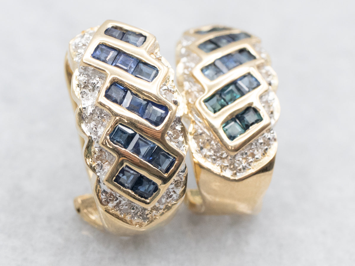 Modern Gold Sapphire and Diamond Drop Earrings