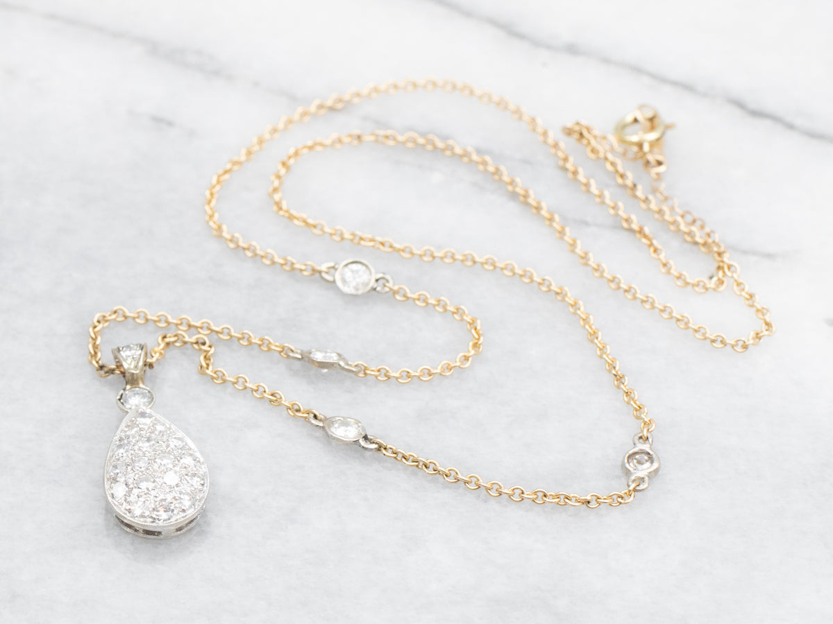 Two Tone Gold Teardrop Diamond Cluster Necklace