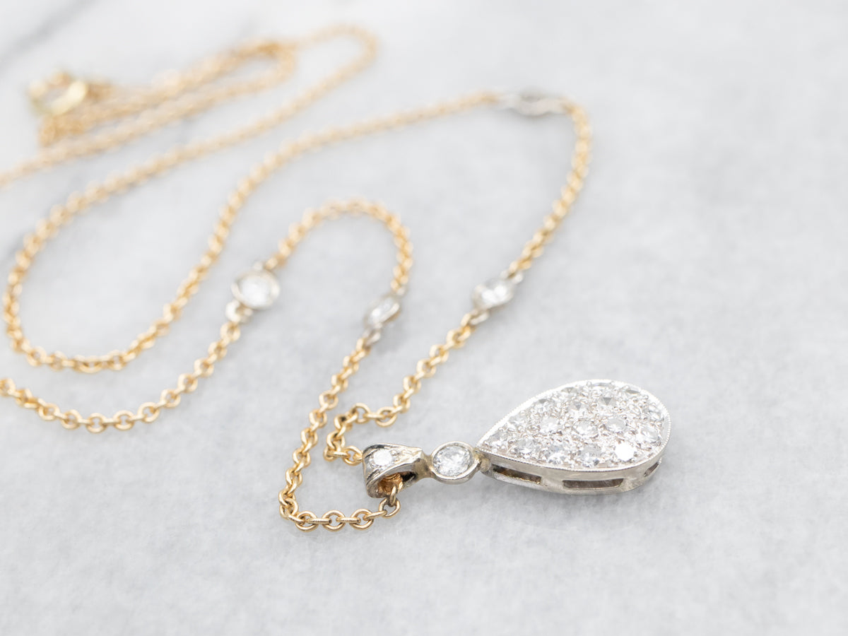 Two Tone Gold Teardrop Diamond Cluster Necklace